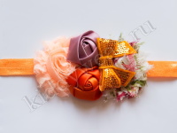 Повязка на голову для девочки розово-оранжево-баклажановая Цветы с бантиком Р-037