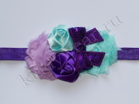 Повязка на голову для девочки сиренево-фиолетово-голубая Цветы с бантиком Р-039