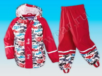 Комбинезон-дождевик-грязевик для мальчика бело-красный с рисунком 2 в 1 (куртка + штаны) без флиса 