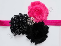 Повязка на голову для девочки черно-розовая Три цветка Р-016