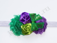 Повязка на голову для девочки фиолетово-зеленая Цветы с бантиком Р-031