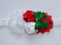 Повязка на голову для девочки красно-зелено-белая Цветы с бантиком Р-038