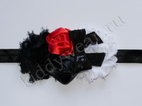 Повязка на голову для девочки черно-красно-белая Цветы с бантиком Р-040
