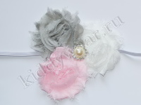 Повязка на голову для девочки розово-бело-серая Три цветка Р-012